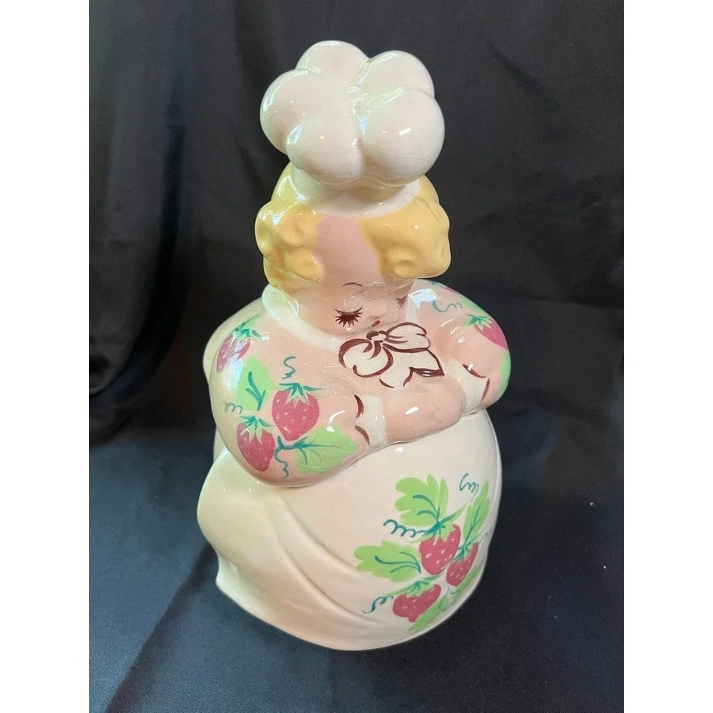 Vintage American Bisque Strawberry Girl Cookie Jar Pink Dress Hand Painted 1940s